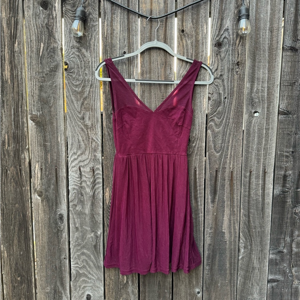Divided V Neck Burgundy Red Skater Dress with Thin, Sheer Shoulders Size 8/med